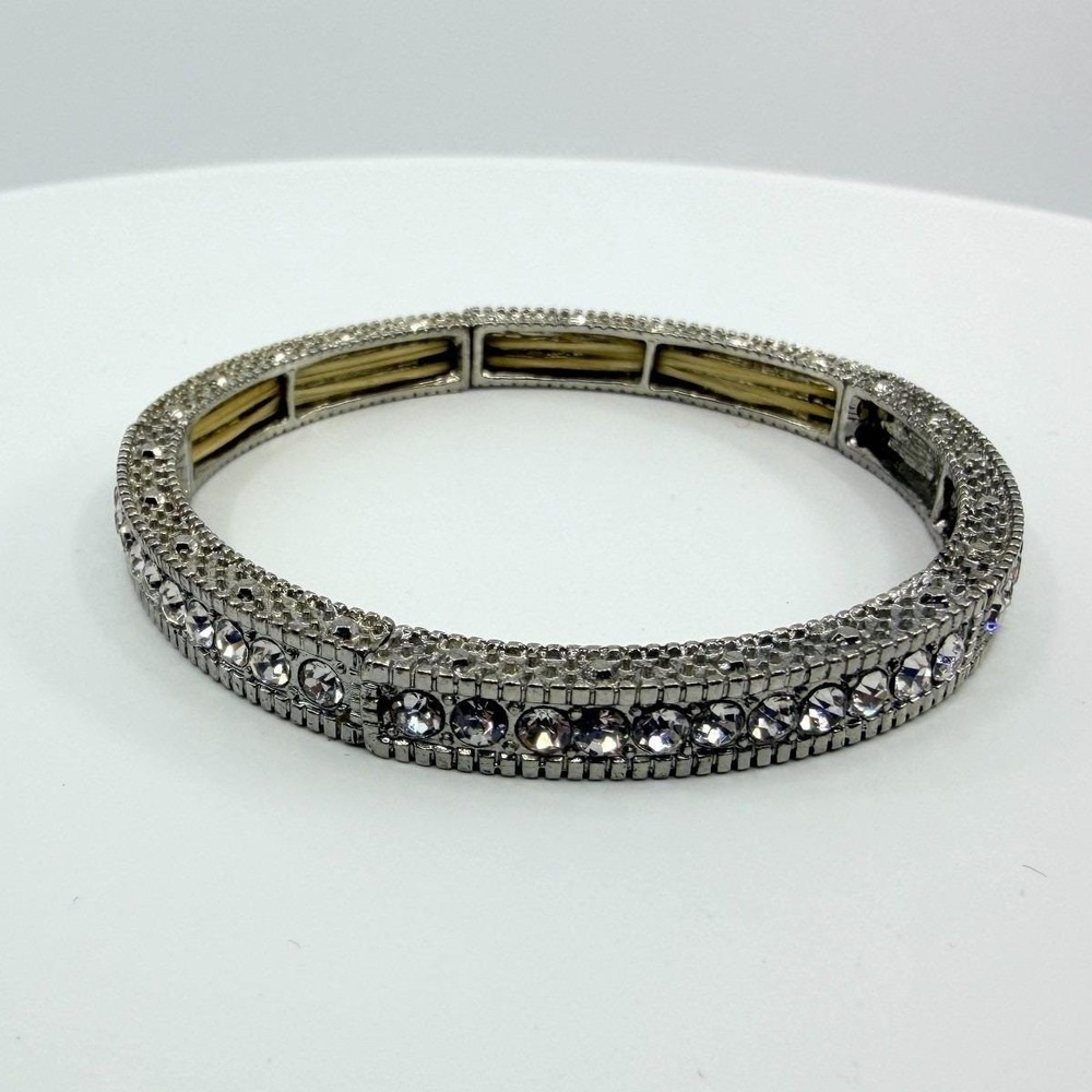 Vintage Silver Tone Clear Rhinestone Stretch Bracelet Pave Panel Statement 90s‎